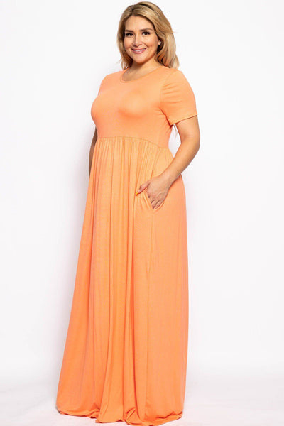 Plus Size Lovely Ladies Polyester Blend Made In U.S.A. Vibrant Short Sleeved Round Neck Maxi Dress (Coral)