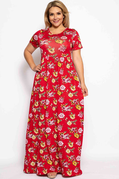 Plus Size Lovely Ladies Polyester Blend Short Sleeves Ruched Waist Side Pockets Adorable Summer Sun Maxi Dress (Red Floral)