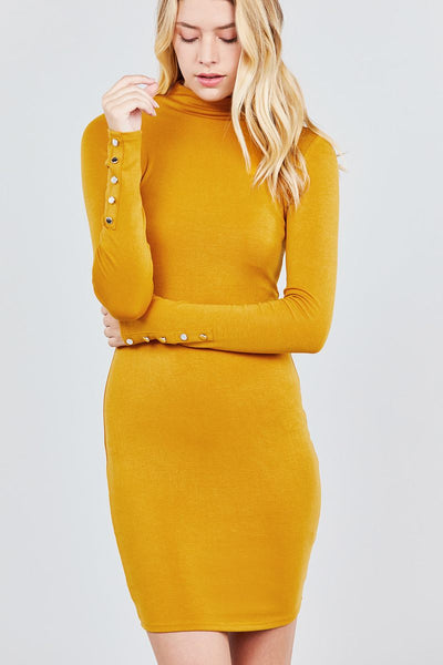 Simple But Sexy 48% Polyester 48% Rayon 4% Spandex Long Sleeve Turtle-neck Button Cuff Ribbed Knit Mini Dress (Mustard)