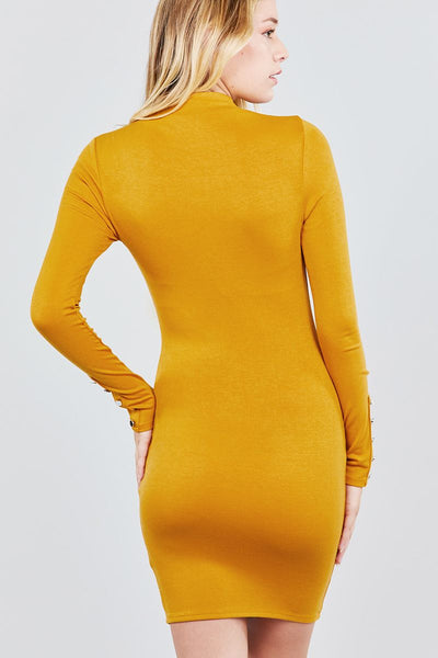 Simple But Sexy 48% Polyester 48% Rayon 4% Spandex Long Sleeve Turtle-neck Button Cuff Ribbed Knit Mini Dress (Mustard)