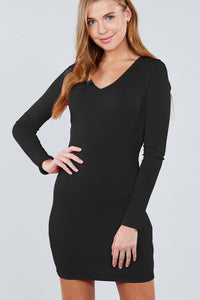 Simple But Sexy 48% Polyester 48% Rayon 4% Spandex Long Sleeve V-Neck Detail Body Sculpting Knit Mini Dress (Black)