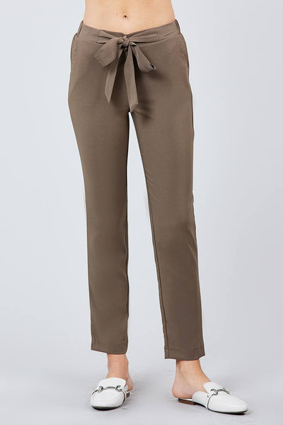 Our Best Polyester Blend Olive Front Sash Tie Detail Pegged Long Pants (Dusty Olive)