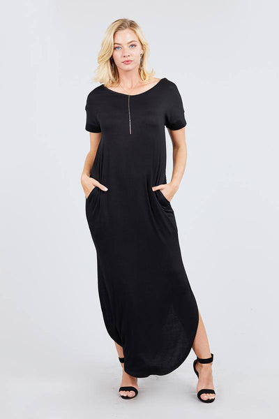 Casual Clubwear Rayon Blend Short Dolman Sleeve Double V-neck W/side Pocket Detail Side Slit Maxi Dress (Black)