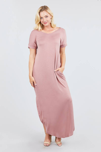 Casual Clubwear Rayon Blend Short Dolman Sleeve Double V-neck W/side Pocket Detail Side Slit Maxi Dress (Mauve)