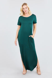 Casual Clubwear Rayon Blend Short Dolman Sleeve Double V-neck W/side Pocket Detail Side Slit Maxi Dress (Deep Green)