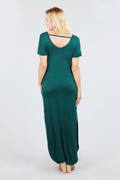 Casual Clubwear Rayon Blend Short Dolman Sleeve Double V-neck W/side Pocket Detail Side Slit Maxi Dress (Deep Green)