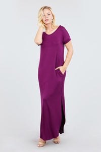 Casual Clubwear Rayon Blend Short Dolman Sleeve Double V-neck W/side Pocket Detail Side Slit Maxi Dress (Deep Purple)