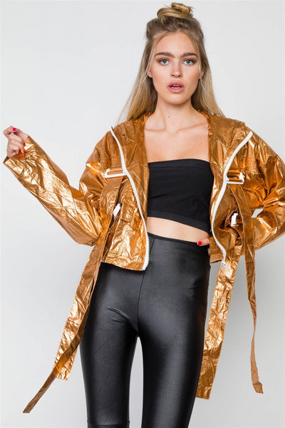 Cropped Lightweight 100% Polyester Rose Gold Metallic Finish Buckle Detail Long Sleeve Jacket