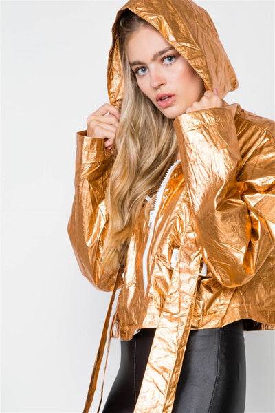 Cropped Lightweight 100% Polyester Rose Gold Metallic Finish Buckle Detail Long Sleeve Jacket