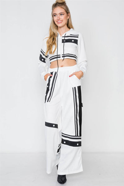 Our Best 100% Polyester Long Sleeve Color Block Crop Hoodie & Wide Flare Leg Two Piece Pant Set (White)