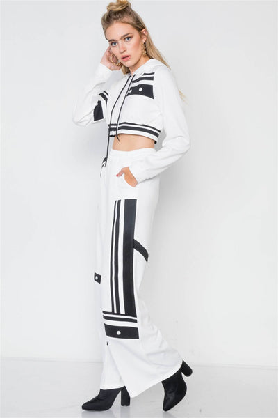 Our Best 100% Polyester Long Sleeve Color Block Crop Hoodie & Wide Flare Leg Two Piece Pant Set (White)