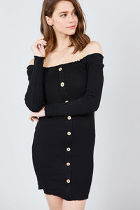 Our Best 96% Cotton 4% Spandex Long Sleeve Button Down Detail Off The Shoulder Heavy Rib Mini Dress (Black)