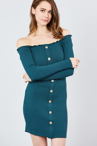Our Best 96% Cotton 4% Spandex Long Sleeve Button Down Detail Off The Shoulder Heavy Rib Mini Dress (Teal)