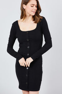 Simple But Sexy 90% Cotton 10% Spandex Long Sleeve U-neck Front Button Detail Rib Knit Mini Dress (Black)
