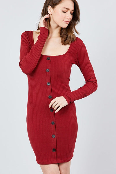 Our Best 90% Cotton 10% Spandex Long Sleeve U-neck Front Button Down Detail Rib Knit Mini Dress (Red Wood)