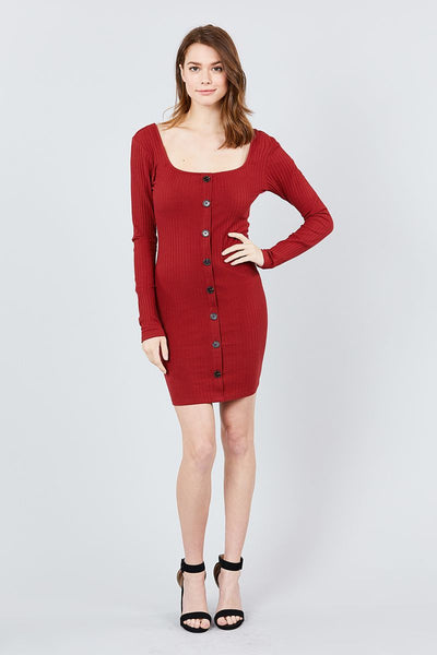Our Best 90% Cotton 10% Spandex Long Sleeve U-neck Front Button Down Detail Rib Knit Mini Dress (Red Wood)