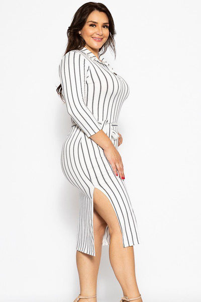 Plus Size Lovely Ladies Polyester Blend Made In U.S.A. 3/4 Sleeves V-neck Decorative Button Detail Striped Midi Dress (White)