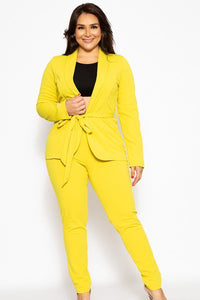 Dannica Danielle Polyester Blend Plus Size Classic Fitted Waist Tie Coat Tapered Chartreuse Pant Suit Set