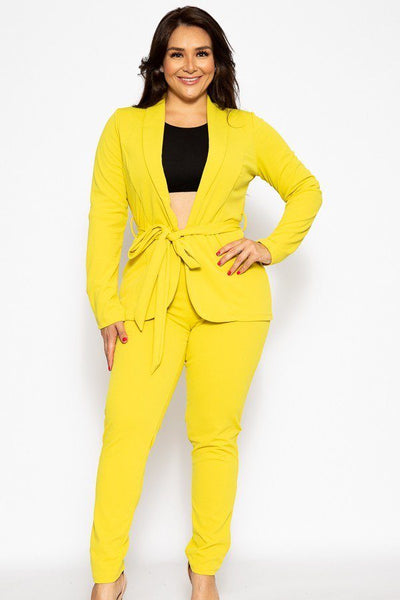 Dannica Danielle Polyester Blend Plus Size Classic Fitted Waist Tie Coat Tapered Chartreuse Pant Suit Set