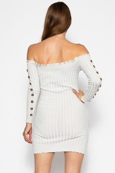 Our Best Metallic Accent 95% Polyester 5% Spandex Off The Shoulder Button Sleeve Detail Ruffled Knit Mini Dress Sweater (Silver)