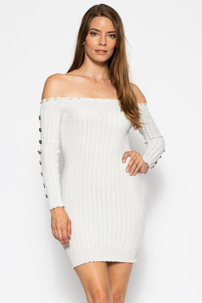 Our Best Metallic Accent 95% Polyester 5% Spandex Off The Shoulder Button Sleeve Detail Ruffled Knit Mini Dress Sweater (Silver)
