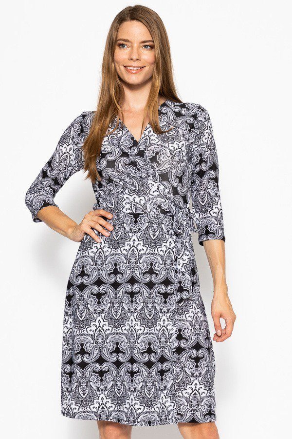 Ladies Cool & Comfortable Polyester Blend 3/4 Sleeve Overlapping V-neckline Belted Waist Paisley Midi Dress (Grey Paisley)