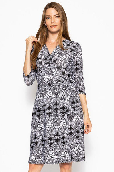 Ladies Cool & Comfortable Polyester Blend 3/4 Sleeve Overlapping V-neckline Belted Waist Paisley Midi Dress (Grey Paisley)