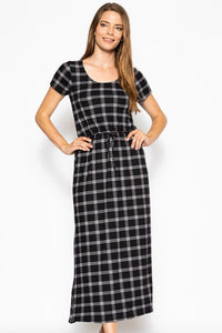 Casual Clubwear Polyester Blend Short Sleeve Scoop Neck Drawstring Waist Tie Maxi Dress (Black Plaid)