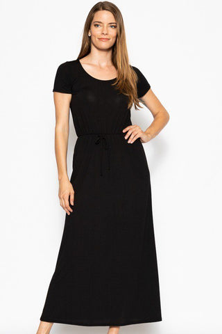 Casual Clubwear Polyester Blend Short Sleeve Scoop Neck Drawstring Waist Tie Maxi Dress (Black)