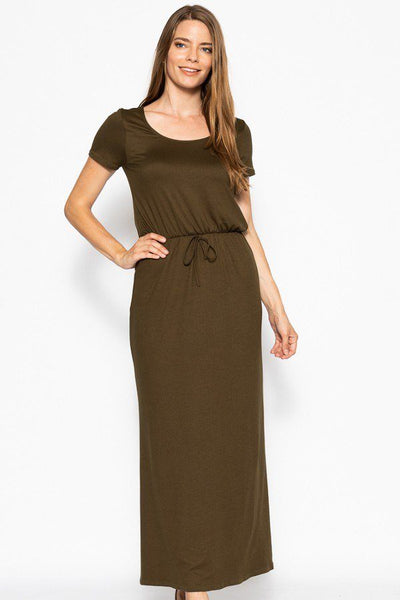 Casual Clubwear Polyester Blend Short Sleeve Scoop Neck Drawstring Waist Tie Maxi Dress (Olive)