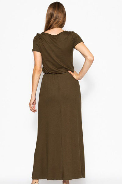 Casual Clubwear Polyester Blend Short Sleeve Scoop Neck Drawstring Waist Tie Maxi Dress (Olive)