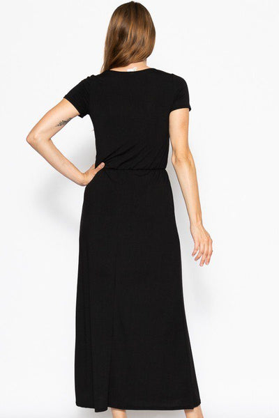 Casual Clubwear Polyester Blend Short Sleeve Scoop Neck Drawstring Waist Tie Maxi Dress (Black)