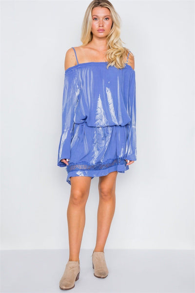 Bell Sleeves 100% Rayon Blue Tie Dye Boho Mini Dress