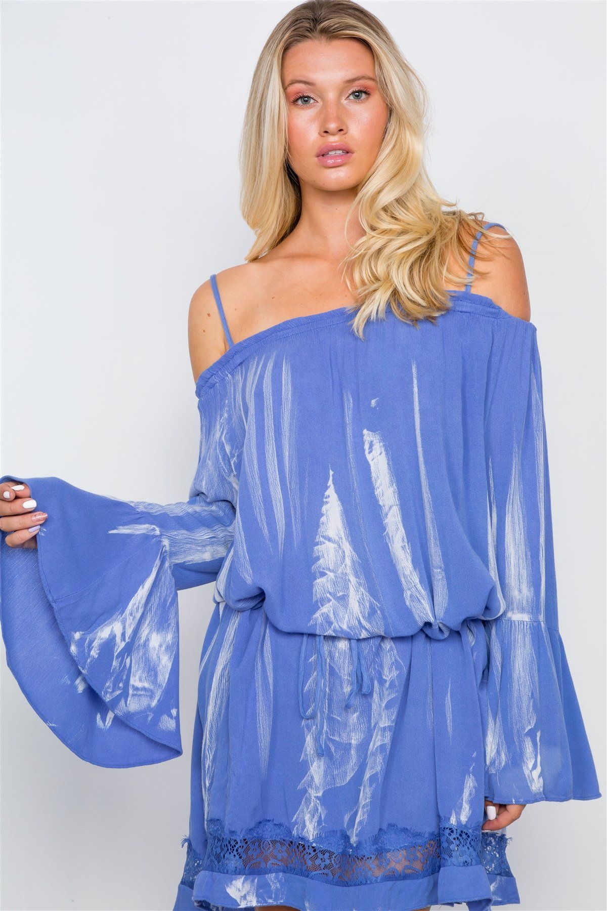 Bell Sleeves 100% Rayon Blue Tie Dye Boho Mini Dress