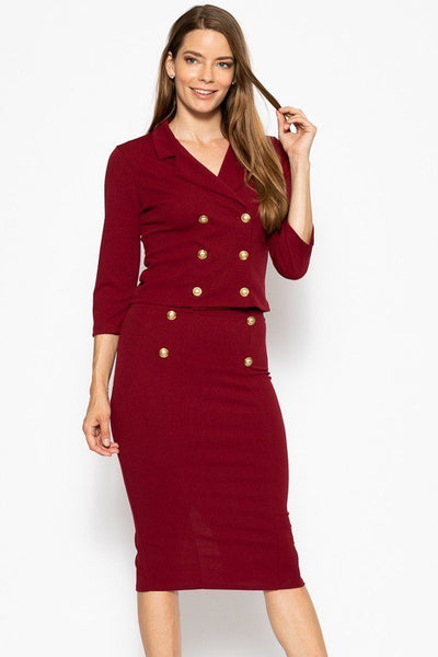 Dannica Danielle Polyester Blend 3/4 Sleeve Classic Double Breasted Wine Blazer Pencil Skirt Suit Set