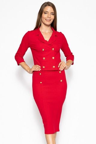 Dannica Danielle Polyester Blend 3/4 Sleeve Classic Double Breasted Red Blazer Pencil Skirt Suit Set