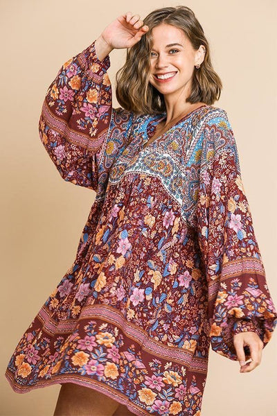 Geneve's Garden 100% Rayon Wine Colored Floral Mixed Paisley Print Long Puff Sleeve Split Neck Mini Dress (Wine Mix)
