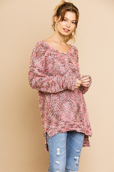 Kellie Kailani Polyester Blend Multi Color Long Sleeve V-neck Soft Knit Pullover (Pink Mix)