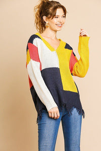 Kellie Kailani 100% Acrylic Long Sleeve Color Blocked V-neck Pullover Sweater (Mustard/Coral)