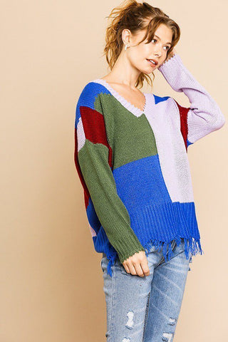 Kellie Kailani 100% Acrylic Color Blocked Long Sleeve V-neck Pullover Sweater (Olive/Lavender)