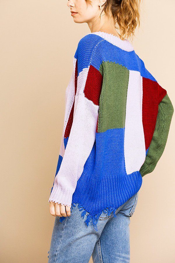 Kellie Kailani 100% Acrylic Color Blocked Long Sleeve V-neck Pullover Sweater (Olive/Lavender)