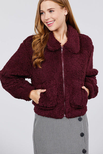 Dianna Deanna 100% Polyester Long Sleeve Pouch Pocket w/Collar Faux Fur Burgundy Jacket