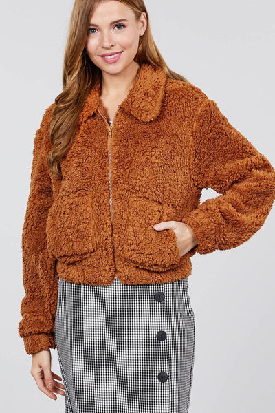 Dianna Deanna 100% Polyester Long Sleeve Pouch Pocket w/Collar Faux Fur Camel Jacket