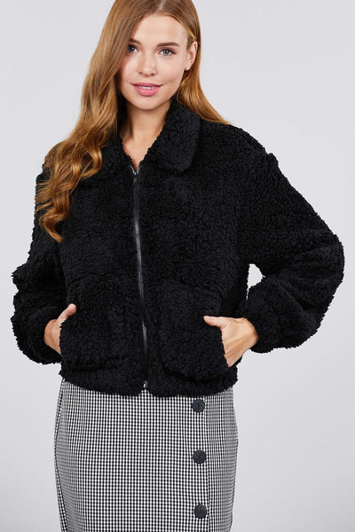 Dianna Deanna 100% Polyester Long Sleeve Pouch Pocket w/Collar Faux Fur Black Jacket