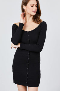 Our Best Cotton/Spandex Blend Snap Button Down Long Sleeve Off The Shoulder Neckline Heavy Rib Mini Dress (Black)