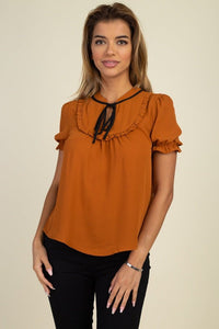 What's New Pussycat? 100% Polyester Pussycat Bow Short Sleeves Smocked Cuffs Ruffle Trim Camel Top (Camel)