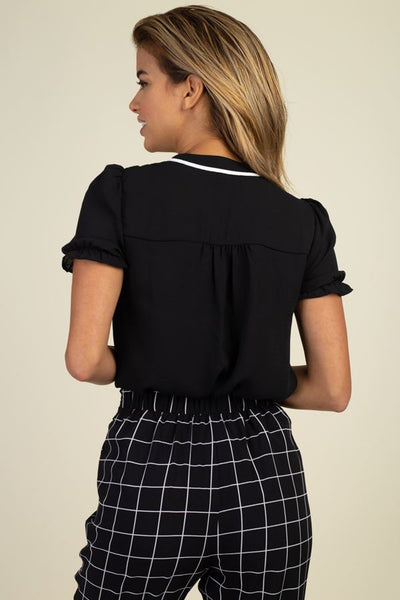 What's New Pussycat? 100% Polyester Pussycat Bow Short Sleeves Smocked Cuffs Ruffle Trim Black Top (Black)