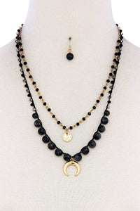 Double Layer Crescent Moon Pendant Bead Necklace And Earring Set