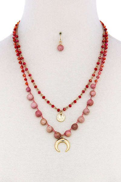 Double Layer Crescent Moon Pendant Bead Necklace And Earring Set