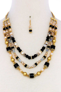 Multi Beaded Three Layer Necklace And Earring Set/Black White Brown Mustard Multi Wine Multi2